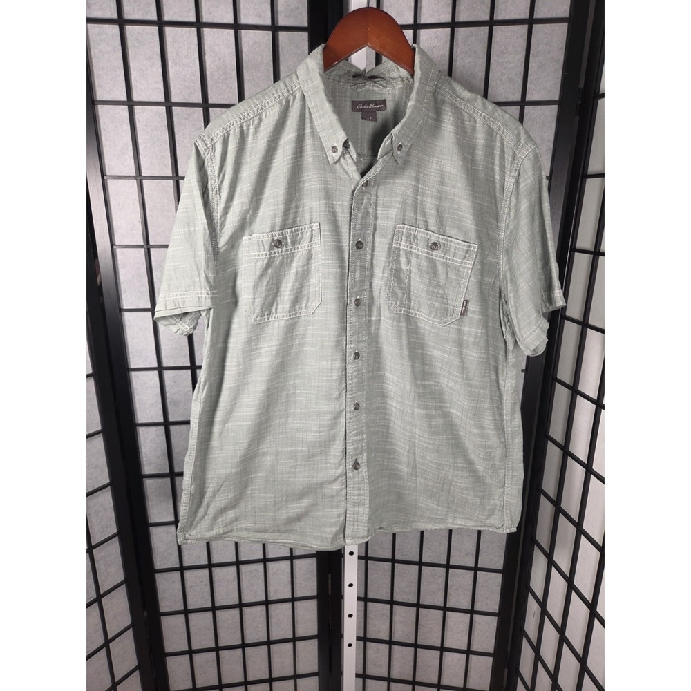 Eddie Bauer Shirt Mens XL Sage Green Slub Cotton Short Sleeve Button Down